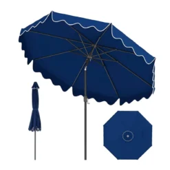 270 cm Sonnenschirm mit Rüschen & Handkurbel Terrassenschirm Beidseitig 30° Knickbar Marineblau/Braun/Beige