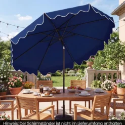 270 cm Sonnenschirm mit Rüschen & Handkurbel Terrassenschirm Beidseitig 30° Knickbar Marineblau/Braun/Beige