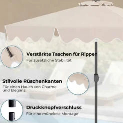 270 cm Sonnenschirm mit Rüschen & Handkurbel Terrassenschirm Beidseitig 30° Knickbar Marineblau/Braun/Beige