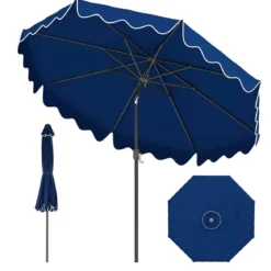 270 cm Sonnenschirm mit Rüschen & Handkurbel Terrassenschirm Beidseitig 30° Knickbar Marineblau/Braun/Beige