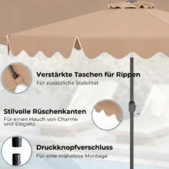 270 cm Sonnenschirm mit Rüschen & Handkurbel Terrassenschirm Beidseitig 30° Knickbar Marineblau/Braun/Beige