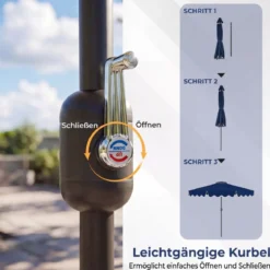 270 cm Sonnenschirm mit Rüschen & Handkurbel Terrassenschirm Beidseitig 30° Knickbar Marineblau/Braun/Beige