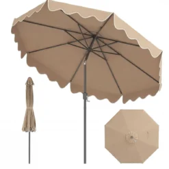 270 cm Sonnenschirm mit Rüschen & Handkurbel Terrassenschirm Beidseitig 30° Knickbar Marineblau/Braun/Beige