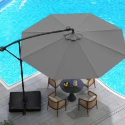 250 cm Sonnenschirm mit Ständer und LED-Leuchten Ampelschirm mit Kurbel Gartenschirm Grau