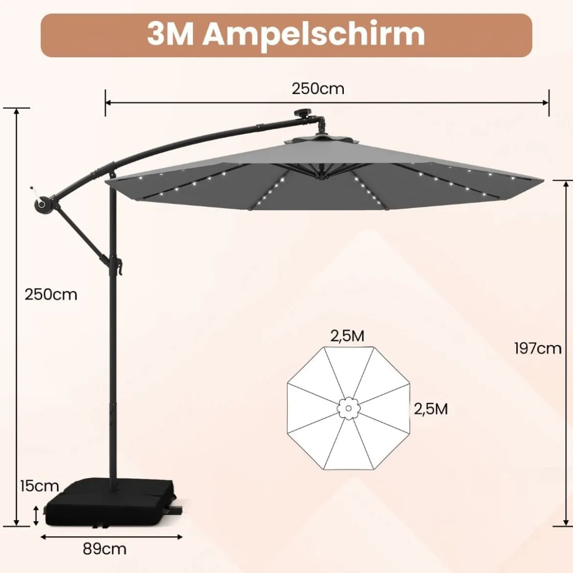250 cm Sonnenschirm mit Ständer und LED-Leuchten Ampelschirm mit Kurbel Gartenschirm Grau