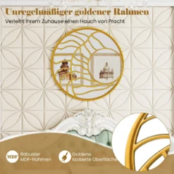 φ80cm Spiegel dekorativ Wandspiegel mit goldenem Rahmmen asymmetrischer Spiegel groß Wanddeko rund für Wohnzimmer