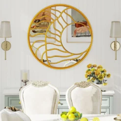 φ80cm Spiegel dekorativ Wandspiegel mit goldenem Rahmmen asymmetrischer Spiegel groß Wanddeko rund für Wohnzimmer