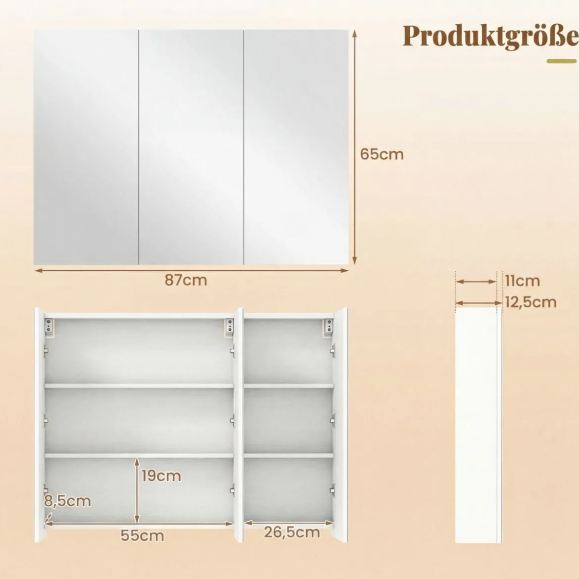 87 cm Spiegelschrank mit 3 Türen Wandmontiert Einbau-Badspiegelschrank mit 6 Fächern Weiß