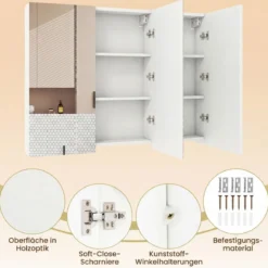 87 cm Spiegelschrank mit 3 Türen Wandmontiert Einbau-Badspiegelschrank mit 6 Fächern Weiß