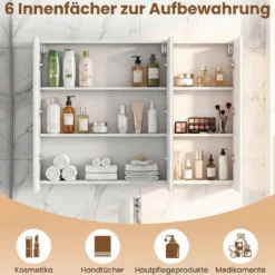 87 cm Spiegelschrank mit 3 Türen Wandmontiert Einbau-Badspiegelschrank mit 6 Fächern Weiß