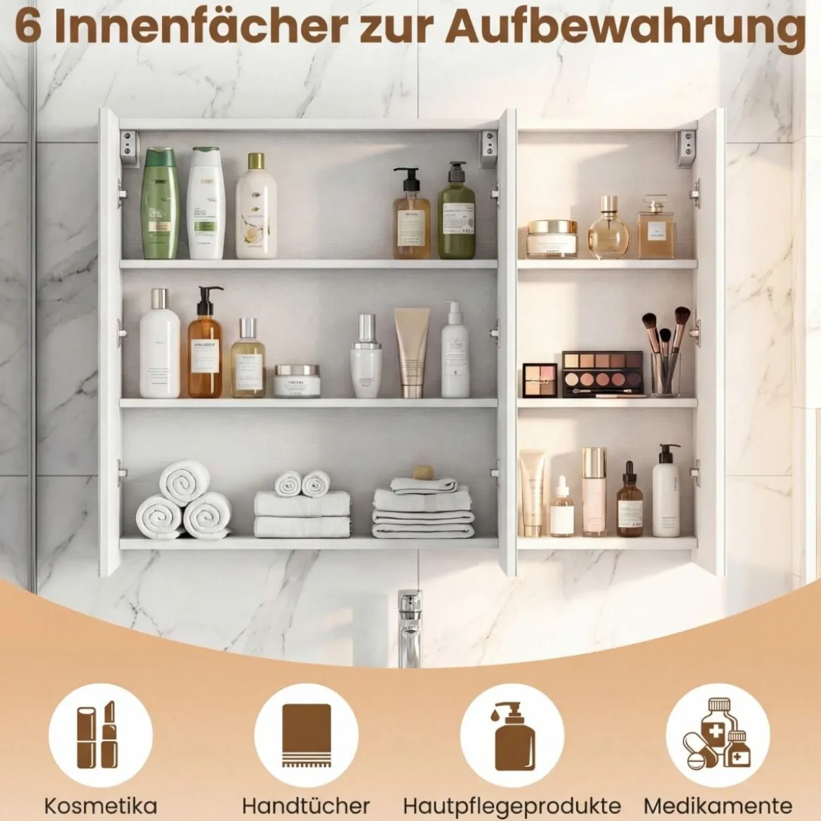 87 cm Spiegelschrank mit 3 Türen Wandmontiert Einbau-Badspiegelschrank mit 6 Fächern Weiß