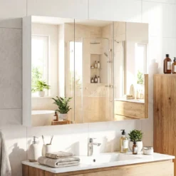 87 cm Spiegelschrank mit 3 Türen Wandmontiert Einbau-Badspiegelschrank mit 6 Fächern Weiß