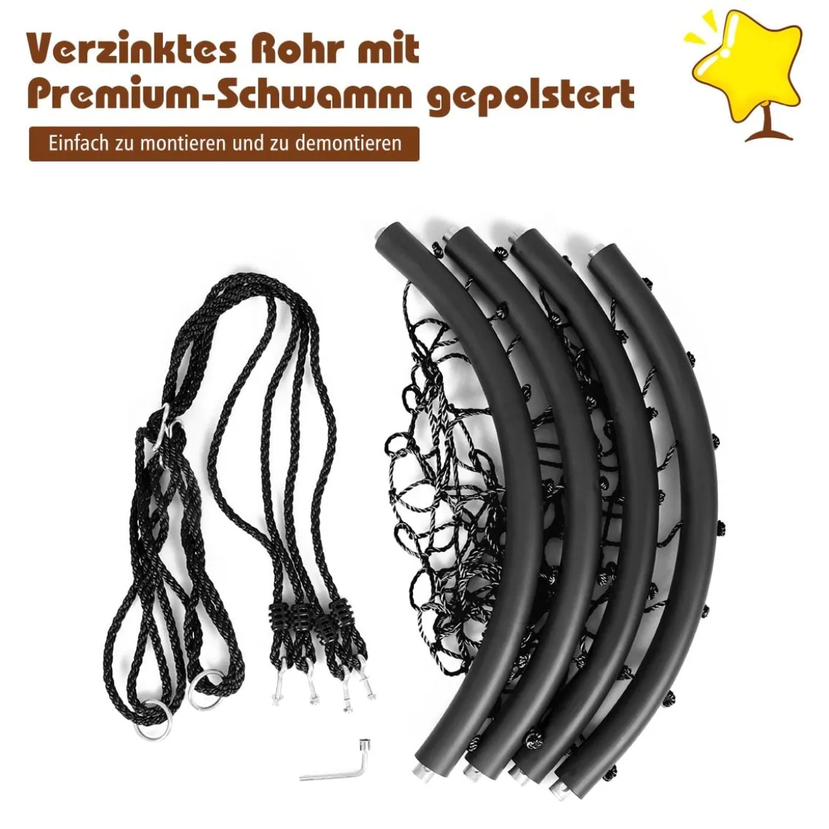 Ø100cm Spinnennetz Baumschaukel Nestschaukel mit verstellbaren Seilen und robustem Stahlrahmen Schwarz