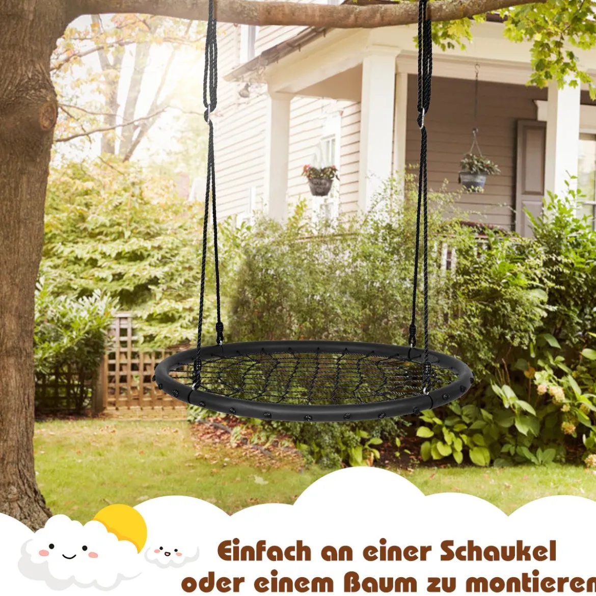 Ø100cm Spinnennetz Baumschaukel Nestschaukel mit verstellbaren Seilen und robustem Stahlrahmen Schwarz