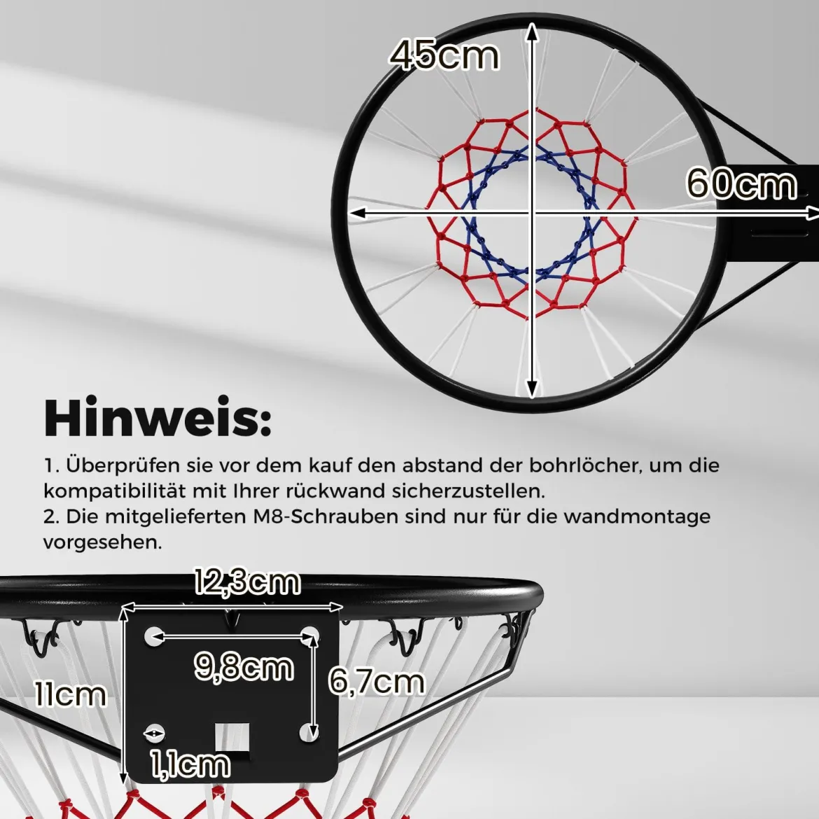 Ø45cm Standard Basketballkorb mit Netz Mini Basketball Korb für Wandmontage Schwarz