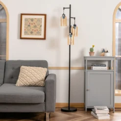 164cm Standleuchte mit 3 Hängenden Braunglasschirmen & Fußschalter & Metallbasis Stehlampe