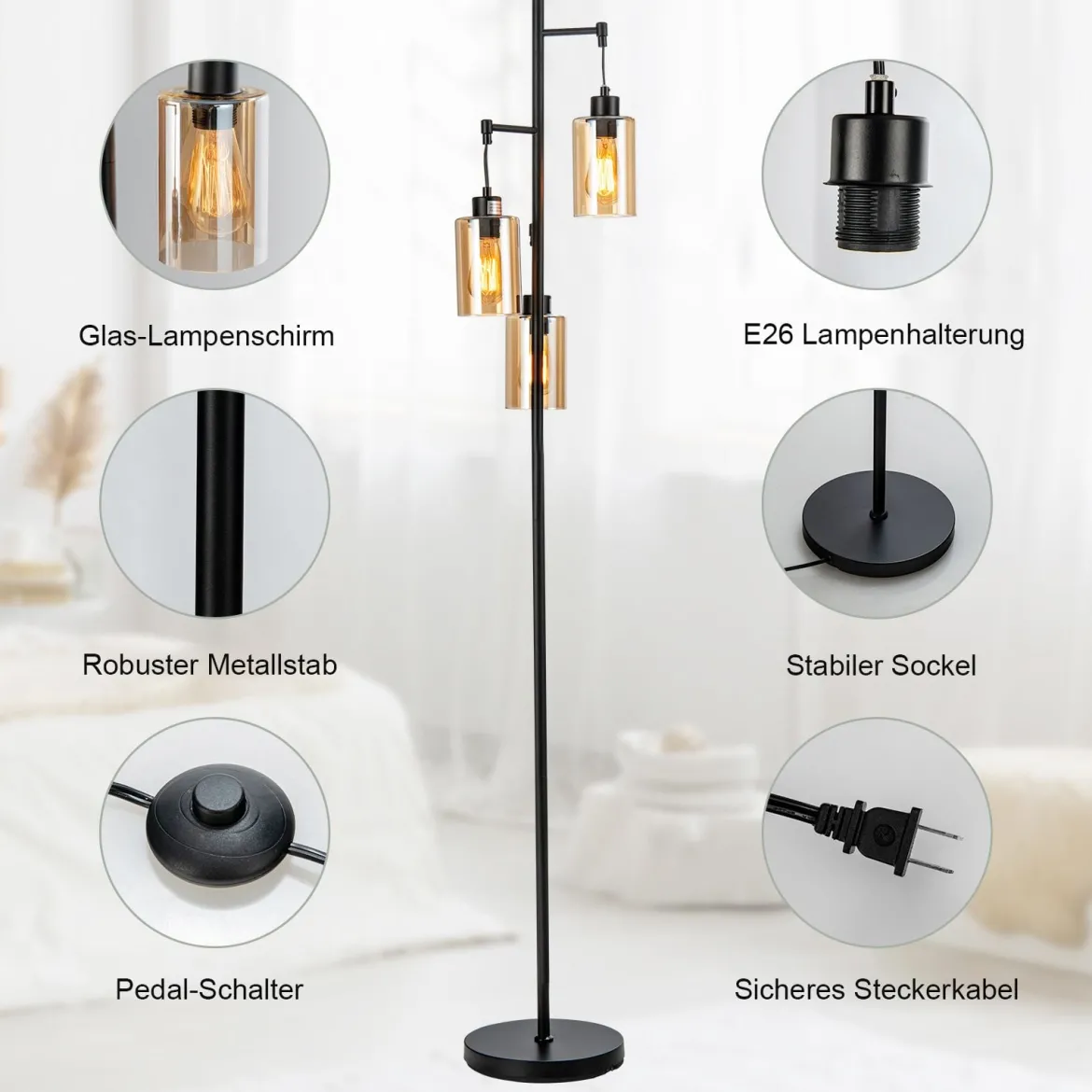164cm Standleuchte mit 3 Hängenden Braunglasschirmen & Fußschalter & Metallbasis Stehlampe