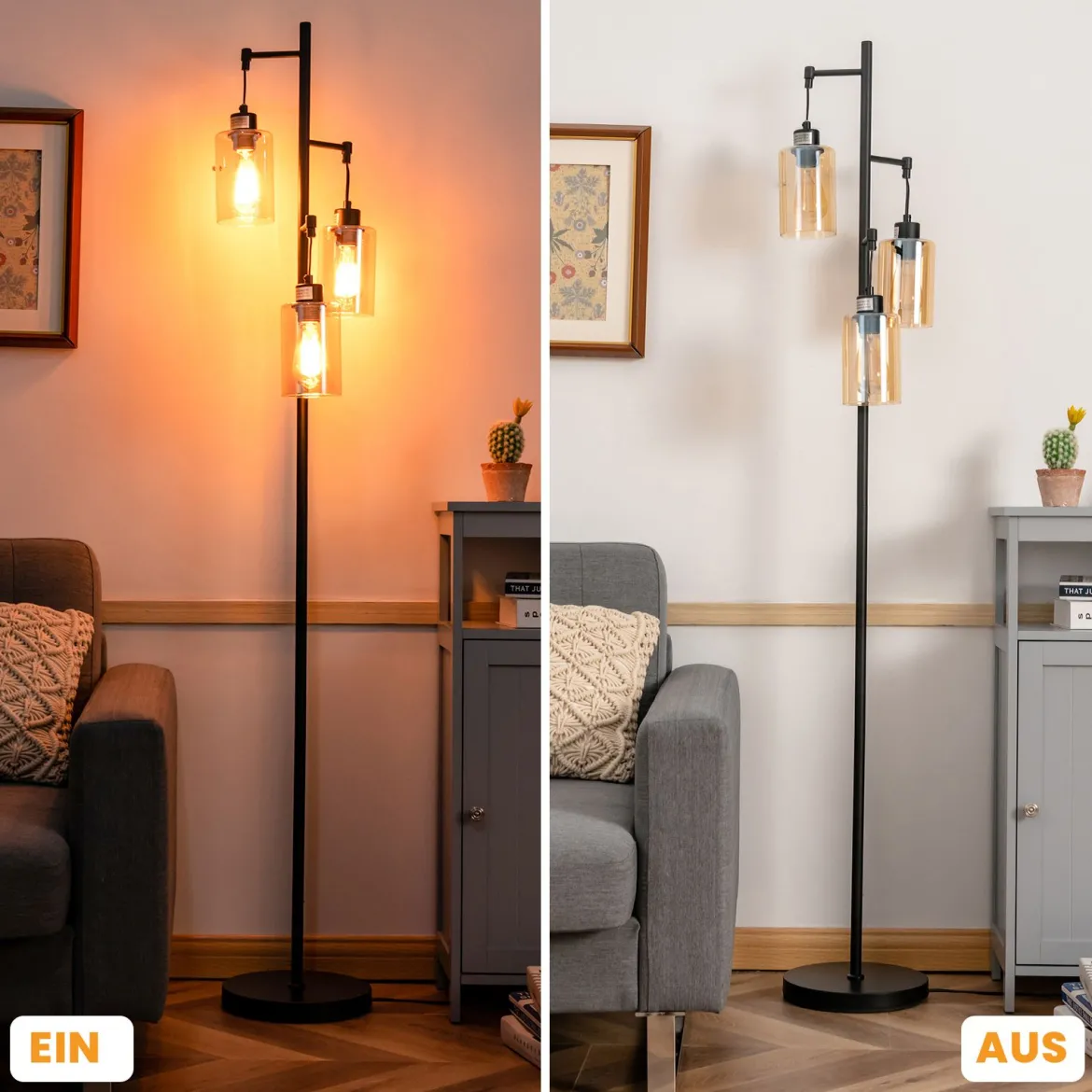 164cm Standleuchte mit 3 Hängenden Braunglasschirmen & Fußschalter & Metallbasis Stehlampe