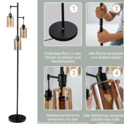 164cm Standleuchte mit 3 Hängenden Braunglasschirmen & Fußschalter & Metallbasis Stehlampe