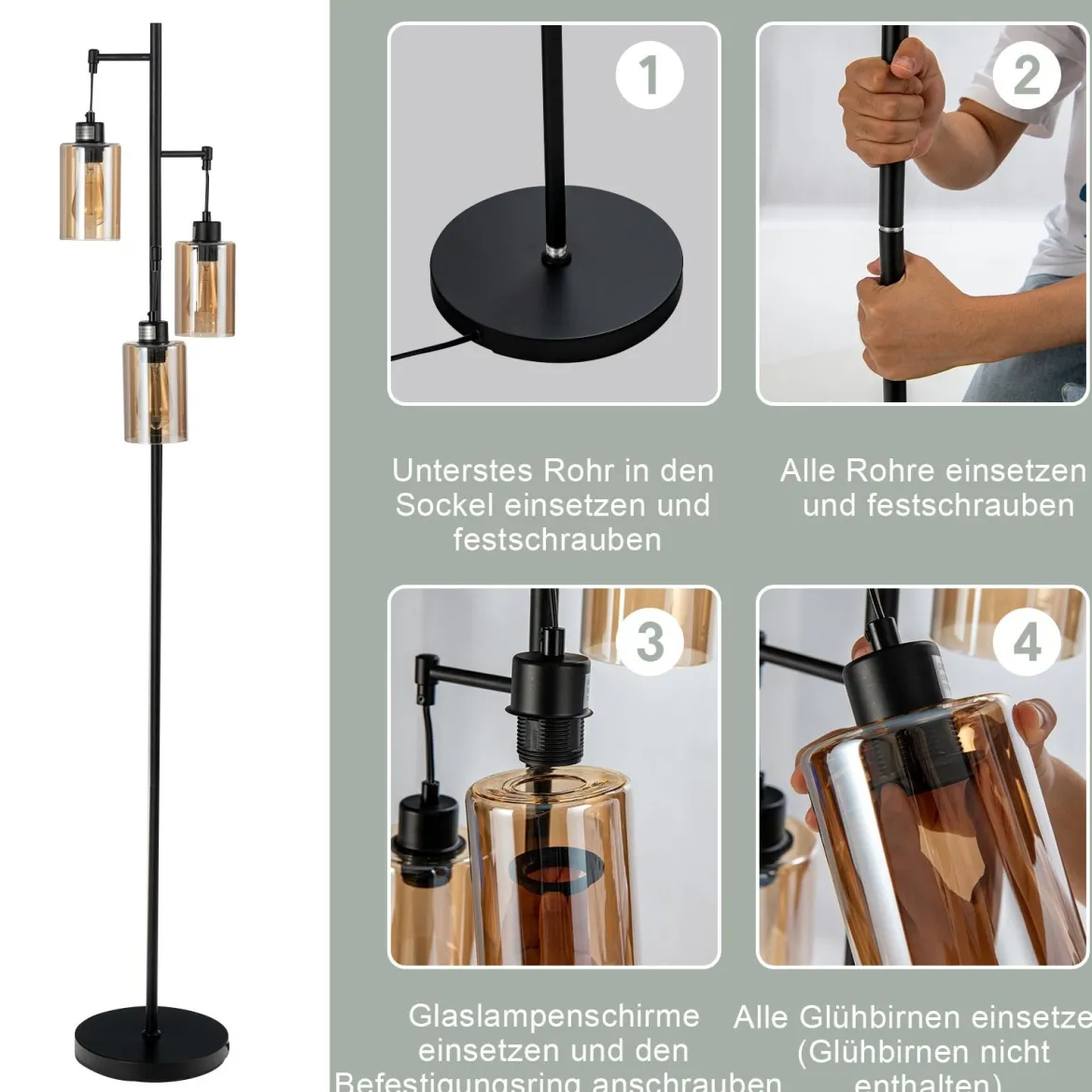 164cm Standleuchte mit 3 Hängenden Braunglasschirmen & Fußschalter & Metallbasis Stehlampe