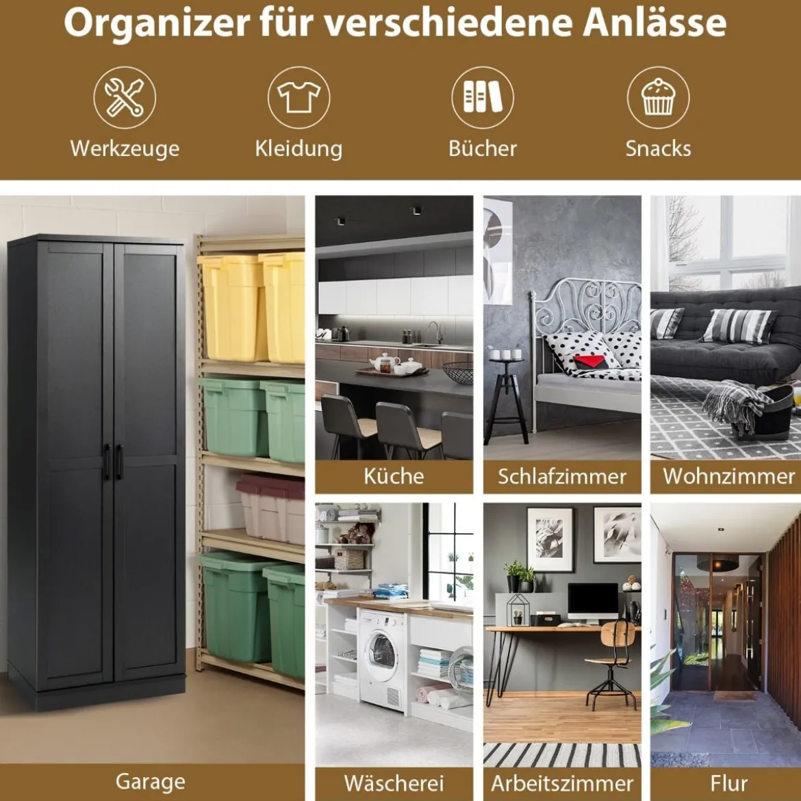 178 cm 5 Stöckiger Hochschrank mit 2 Türen & Verstellbaren Regalen & Kippsicherung Schwarz