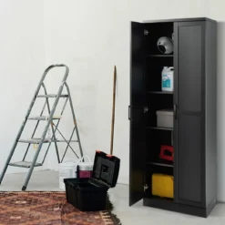 178 cm 5 Stöckiger Hochschrank mit 2 Türen & Verstellbaren Regalen & Kippsicherung Schwarz