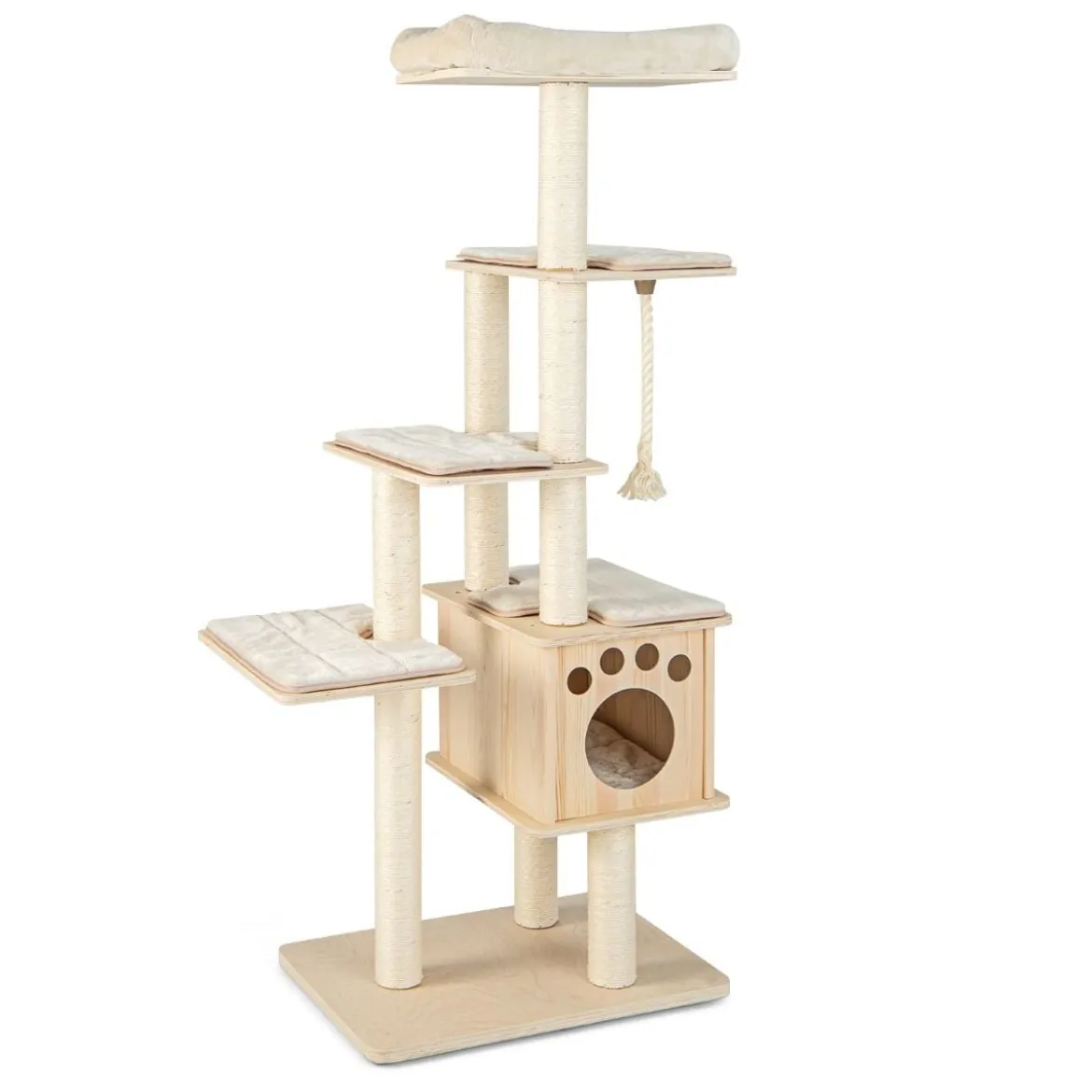 170 cm 6-stöckiger Kratzbaum aus Holz mit Gemütlicher Matten & Höhle & Sisalseil Beige