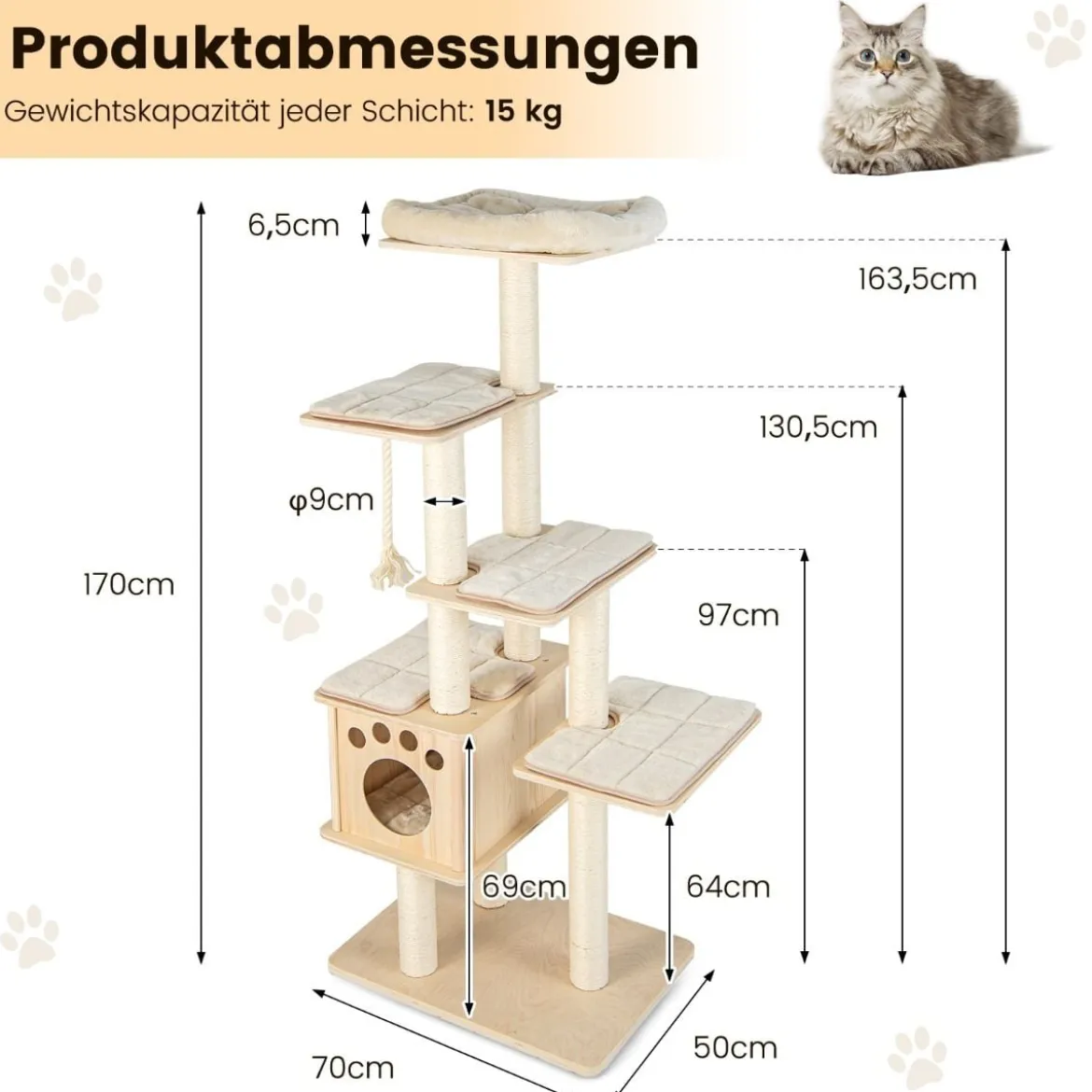 170 cm 6-stöckiger Kratzbaum aus Holz mit Gemütlicher Matten & Höhle & Sisalseil Beige