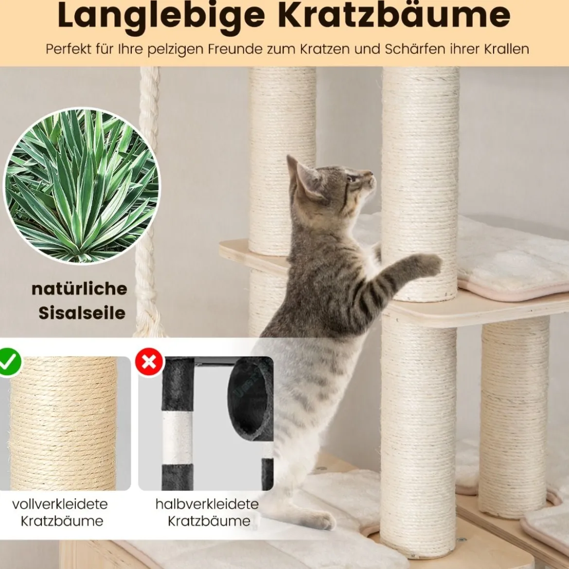 170 cm 6-stöckiger Kratzbaum aus Holz mit Gemütlicher Matten & Höhle & Sisalseil Beige