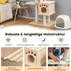 170 cm 6-stöckiger Kratzbaum aus Holz mit Gemütlicher Matten & Höhle & Sisalseil Beige