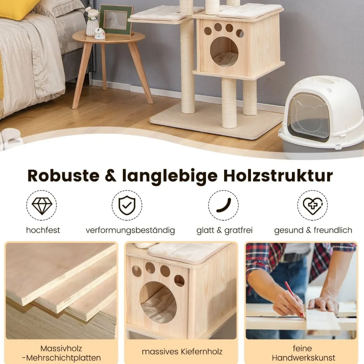 170 cm 6-stöckiger Kratzbaum aus Holz mit Gemütlicher Matten & Höhle & Sisalseil Beige