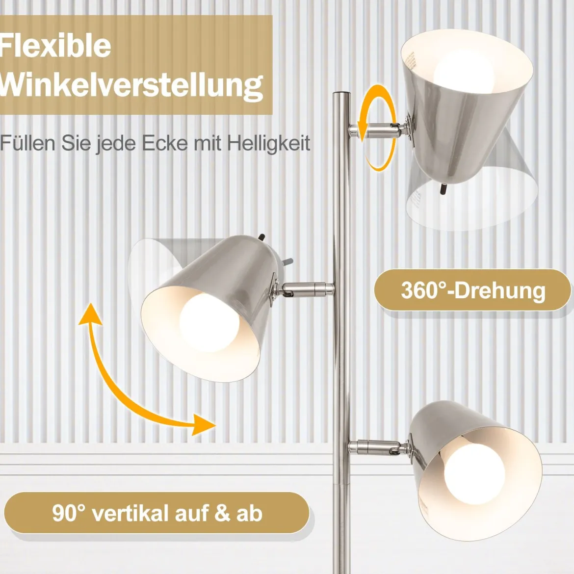 163cm Stehlampe mit 3 E27 Glühbirnen & 360° Verstellbaren Lampenschirmen Stehleuchte Silber