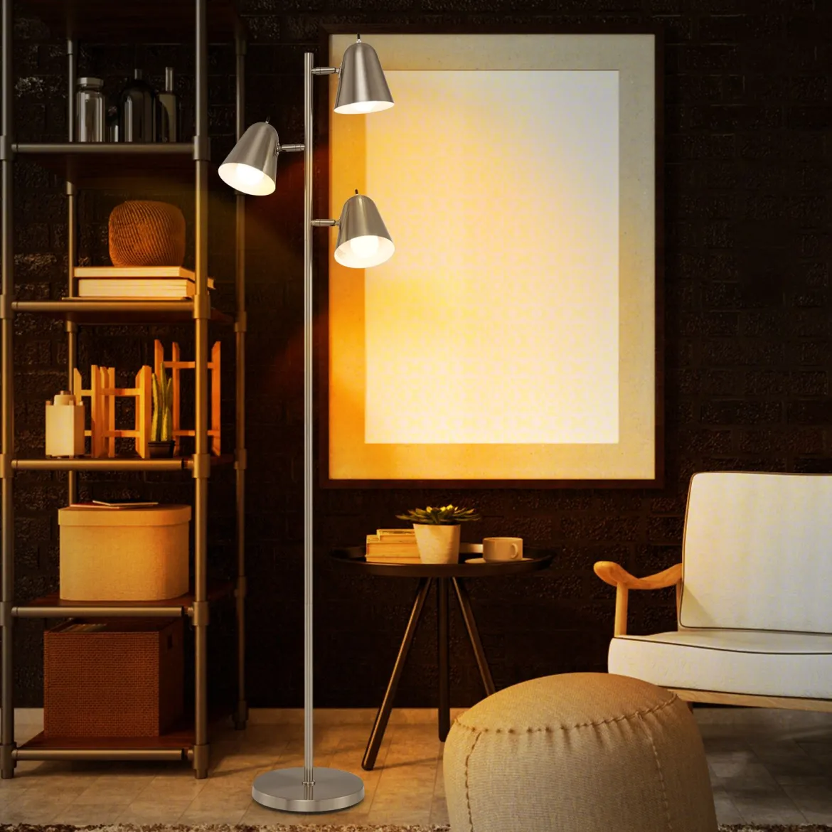 163cm Stehlampe mit 3 E27 Glühbirnen & 360° Verstellbaren Lampenschirmen Stehleuchte Silber