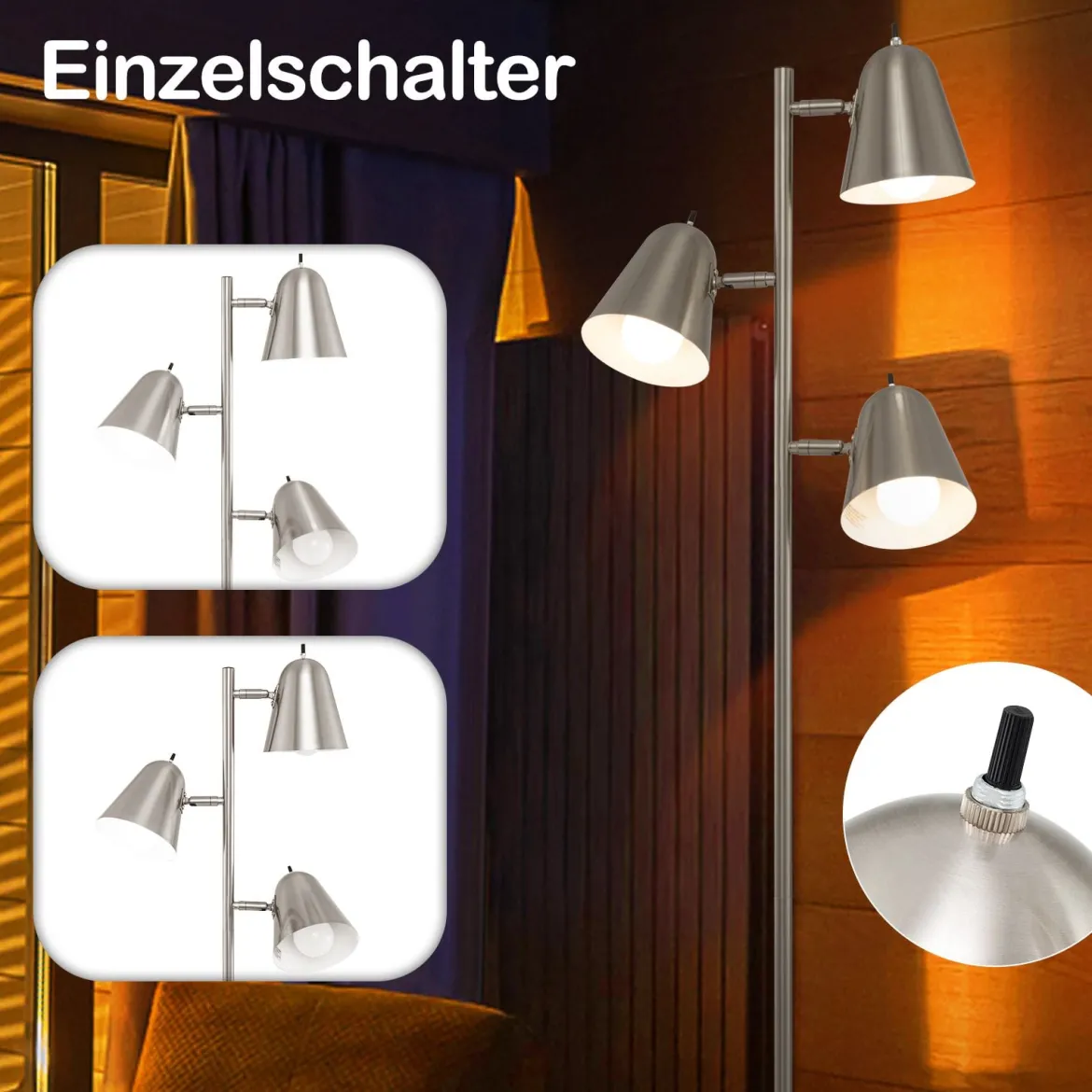 163cm Stehlampe mit 3 E27 Glühbirnen & 360° Verstellbaren Lampenschirmen Stehleuchte Silber