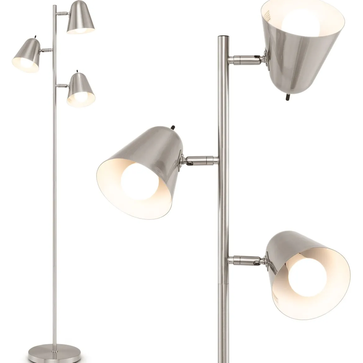163cm Stehlampe mit 3 E27 Glühbirnen & 360° Verstellbaren Lampenschirmen Stehleuchte Silber