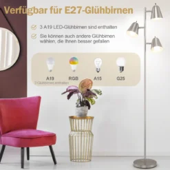 163cm Stehlampe mit 3 E27 Glühbirnen & 360° Verstellbaren Lampenschirmen Stehleuchte Silber