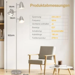 163cm Stehlampe mit 3 E27 Glühbirnen & 360° Verstellbaren Lampenschirmen Stehleuchte Silber