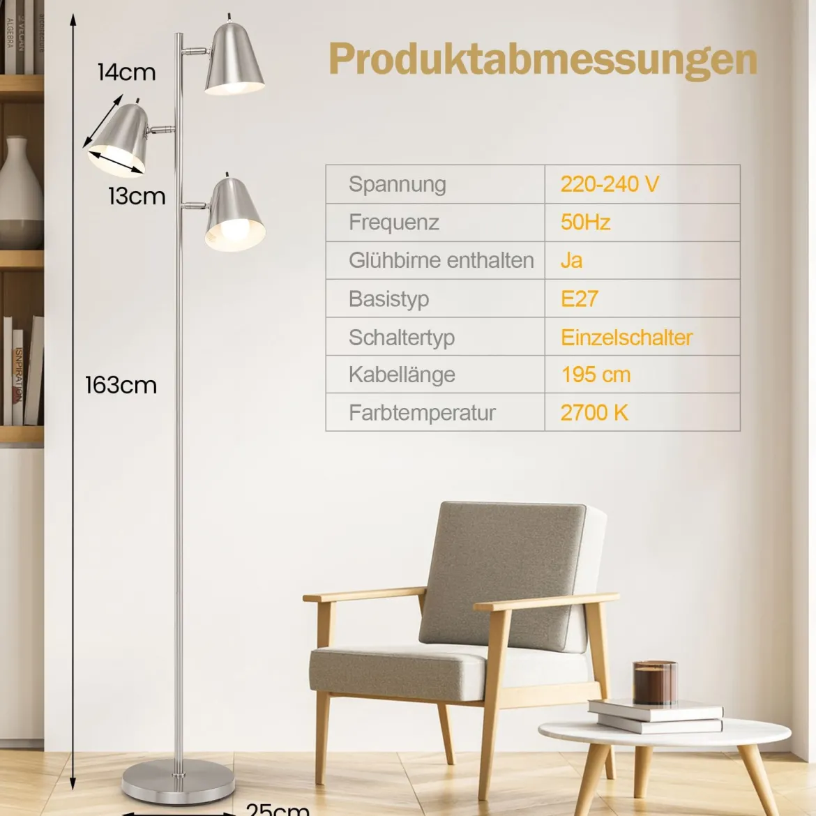 163cm Stehlampe mit 3 E27 Glühbirnen & 360° Verstellbaren Lampenschirmen Stehleuchte Silber