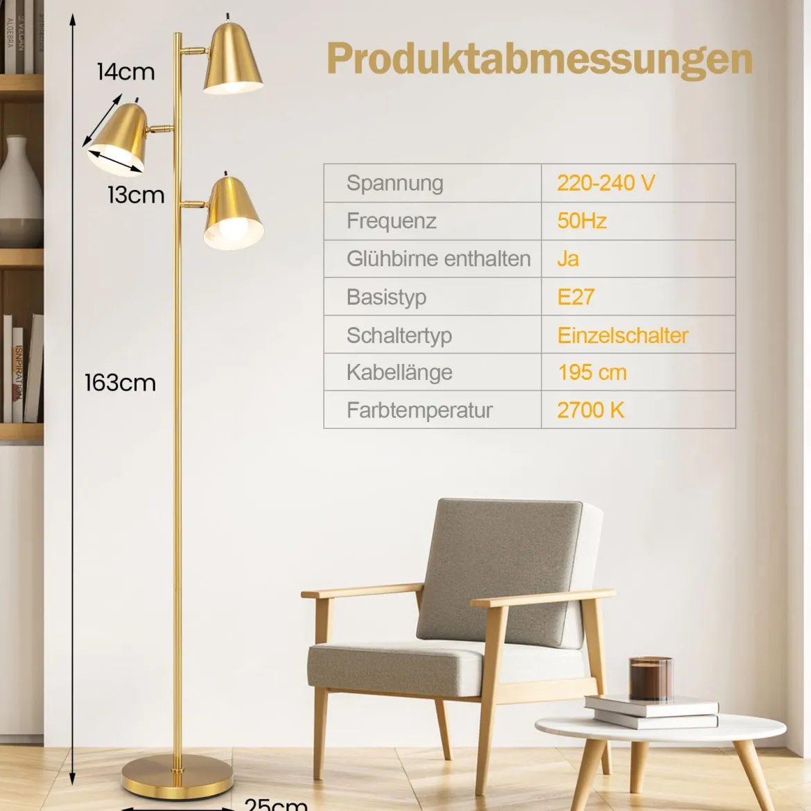 163cm Stehlampe mit 3 E27 Glühbirnen & 360° Verstellbaren Lampenschirmen Stehleuchte Gold