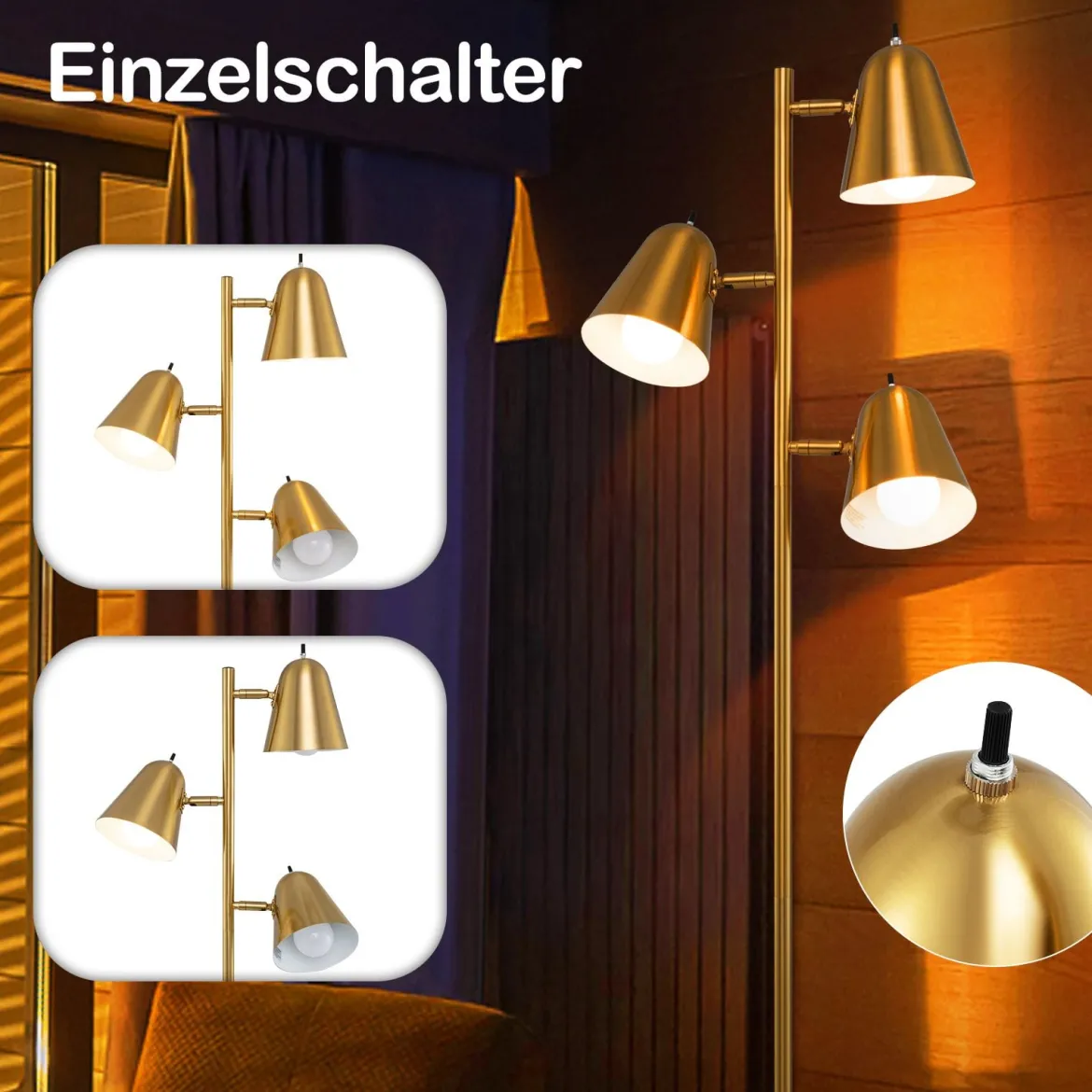 163cm Stehlampe mit 3 E27 Glühbirnen & 360° Verstellbaren Lampenschirmen Stehleuchte Gold