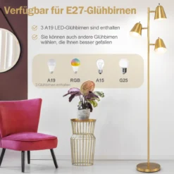 163cm Stehlampe mit 3 E27 Glühbirnen & 360° Verstellbaren Lampenschirmen Stehleuchte Gold
