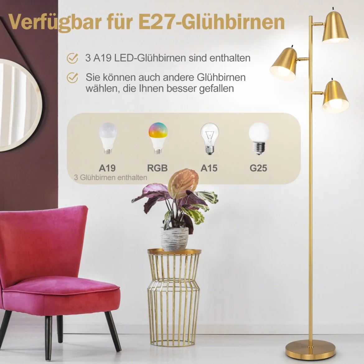 163cm Stehlampe mit 3 E27 Glühbirnen & 360° Verstellbaren Lampenschirmen Stehleuchte Gold