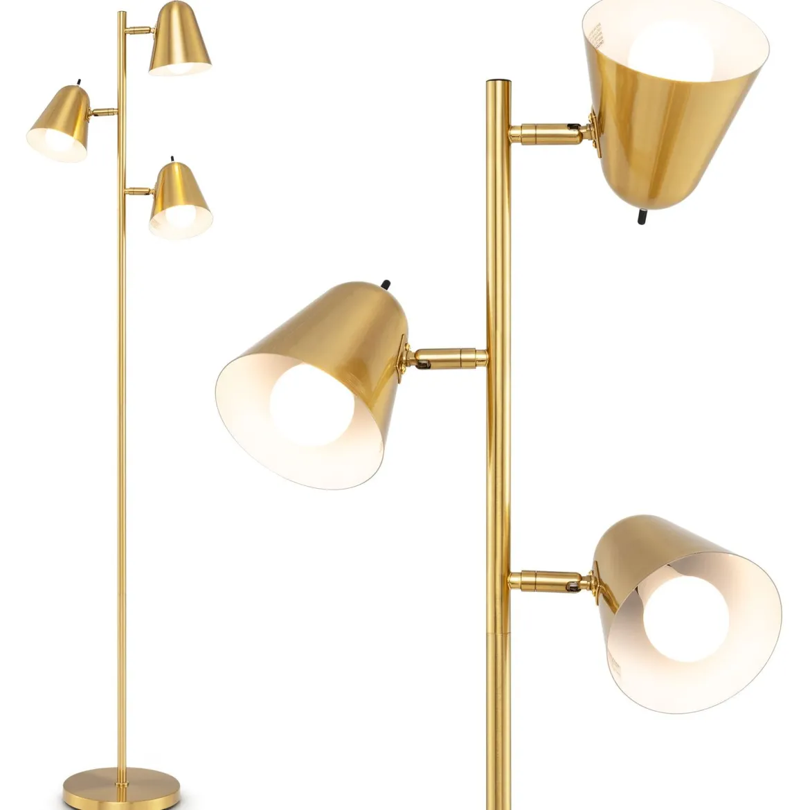 163cm Stehlampe mit 3 E27 Glühbirnen & 360° Verstellbaren Lampenschirmen Stehleuchte Gold
