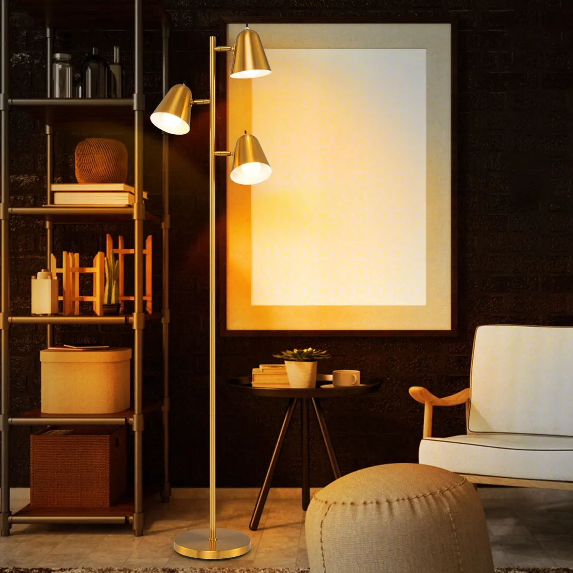 163cm Stehlampe mit 3 E27 Glühbirnen & 360° Verstellbaren Lampenschirmen Stehleuchte Gold