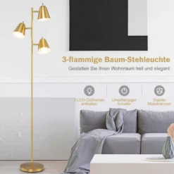 163cm Stehlampe mit 3 E27 Glühbirnen & 360° Verstellbaren Lampenschirmen Stehleuchte Gold