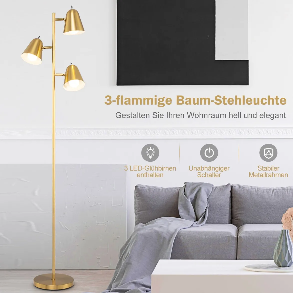 163cm Stehlampe mit 3 E27 Glühbirnen & 360° Verstellbaren Lampenschirmen Stehleuchte Gold