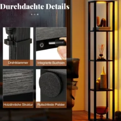 162cm Stehlampe mit Regalen & Dimmbaren LED-Lichtern & Fußschalter Standlampe Eckregal