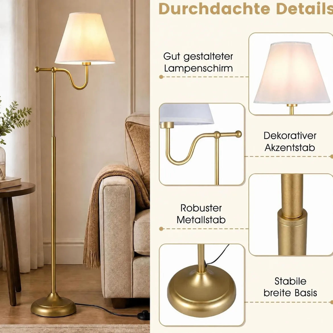 158 cm Stehlampe mit Stoffschirm & Metallgestell Stehleuchte mit Fußschalter & E27-fassung