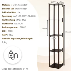 163 cm Stehlampe Regal Modern Standleuchte Ablageregal mit 3-stufig dimmbaren LED-Leuchten Braun