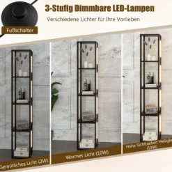 163 cm Stehlampe Regal Modern Standleuchte Ablageregal mit 3-stufig dimmbaren LED-Leuchten Braun